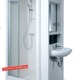 Fertigdusche SOUVERAEN 90x90cm mit 3-tlg-Schiebetuer kombiniert mit der Waschtischwand