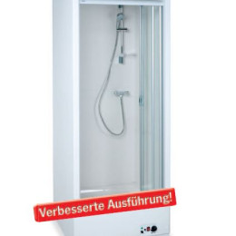 Fertigdusche SOUVERAEN mit Echtglas-Gleitklapptuer und 18l Warmwasserspeicher sowie Abwasserpumpe