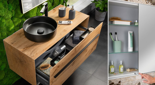 Woodblock - Markantes Badmöbelensemble mit Hirnholz-Dekor